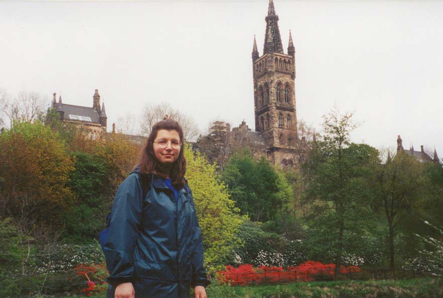 Katie Wokosin in Glasgow.  You can see the tower of some University in the background.